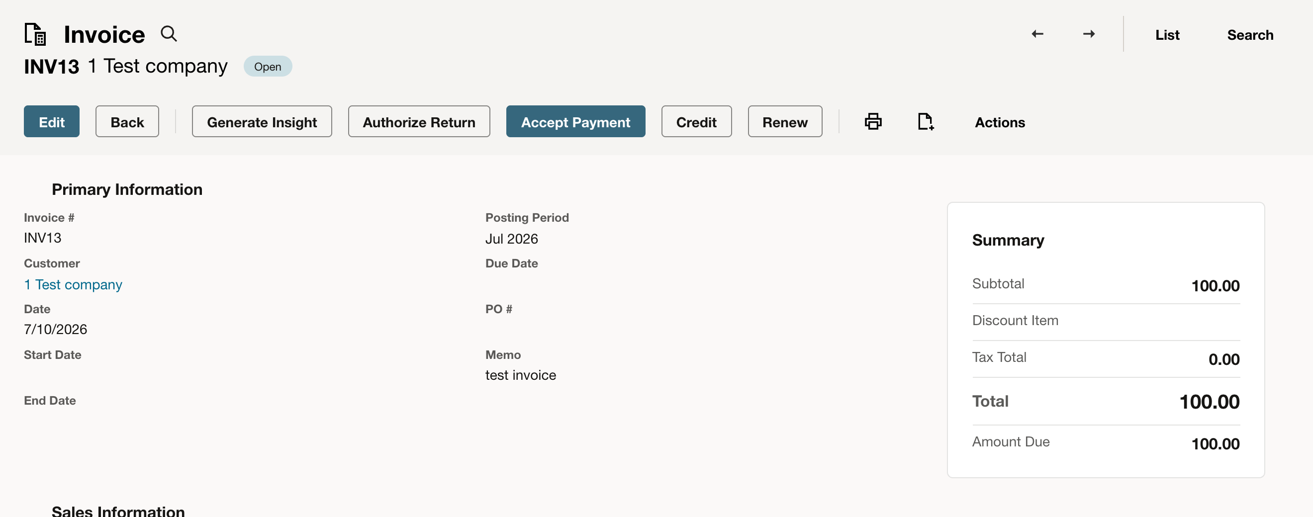 Saved NetSuite invoice INV13 for 1 Test company with status Open, Total 100.00, and Amount Due 100.00.