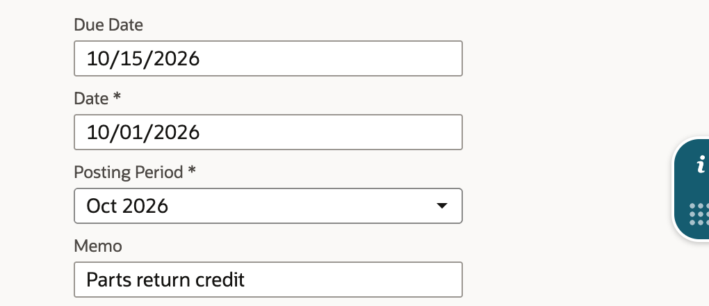 Due Date is entered as 10/15/2026 on the credit edit form.