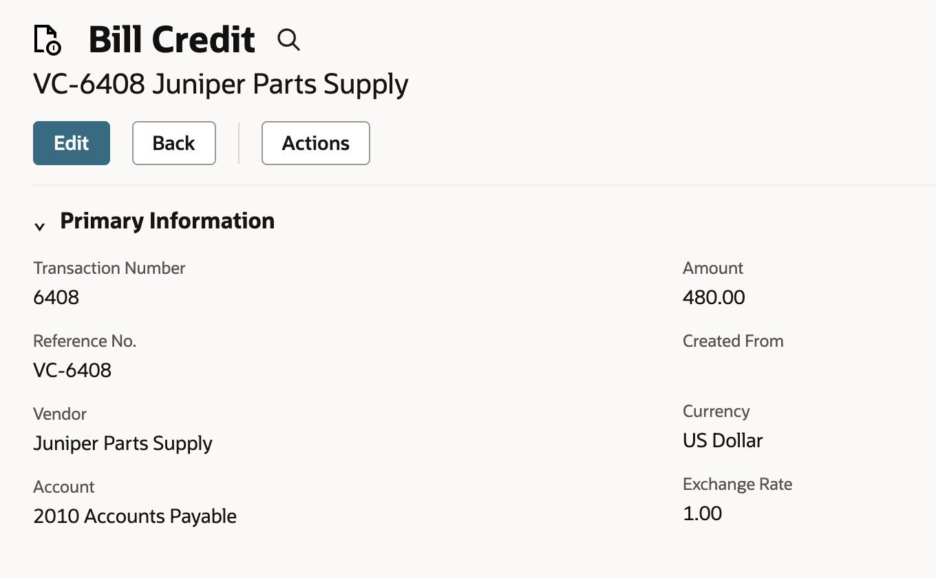 The existing Bill Credit is VC-6408 for Juniper Parts Supply.