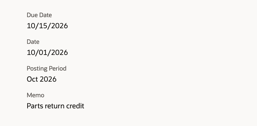 The reopened vendor credit shows the persisted Due Date 10/15/2026.