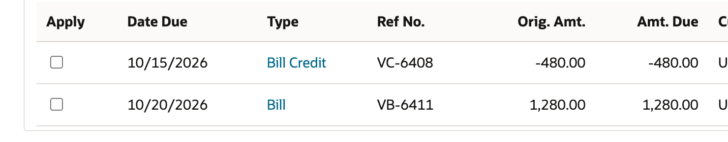 Apply shows VC-6408 with Date Due 10/15/2026 beside VB-6411; both Apply boxes are clear.