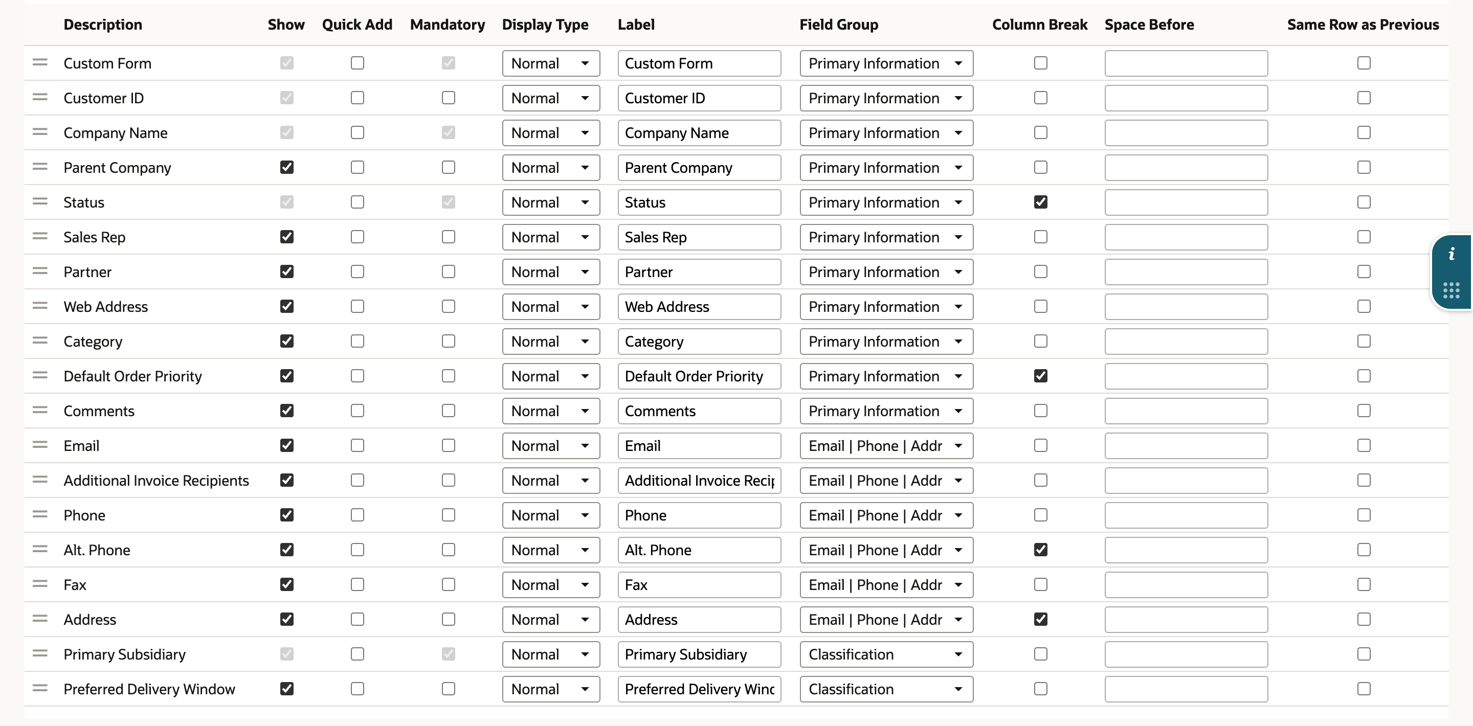Customize Form, Fields subtab, Main list: Additional Invoice Recipients sits between Email and Phone with Field Group Email | Phone | Address.