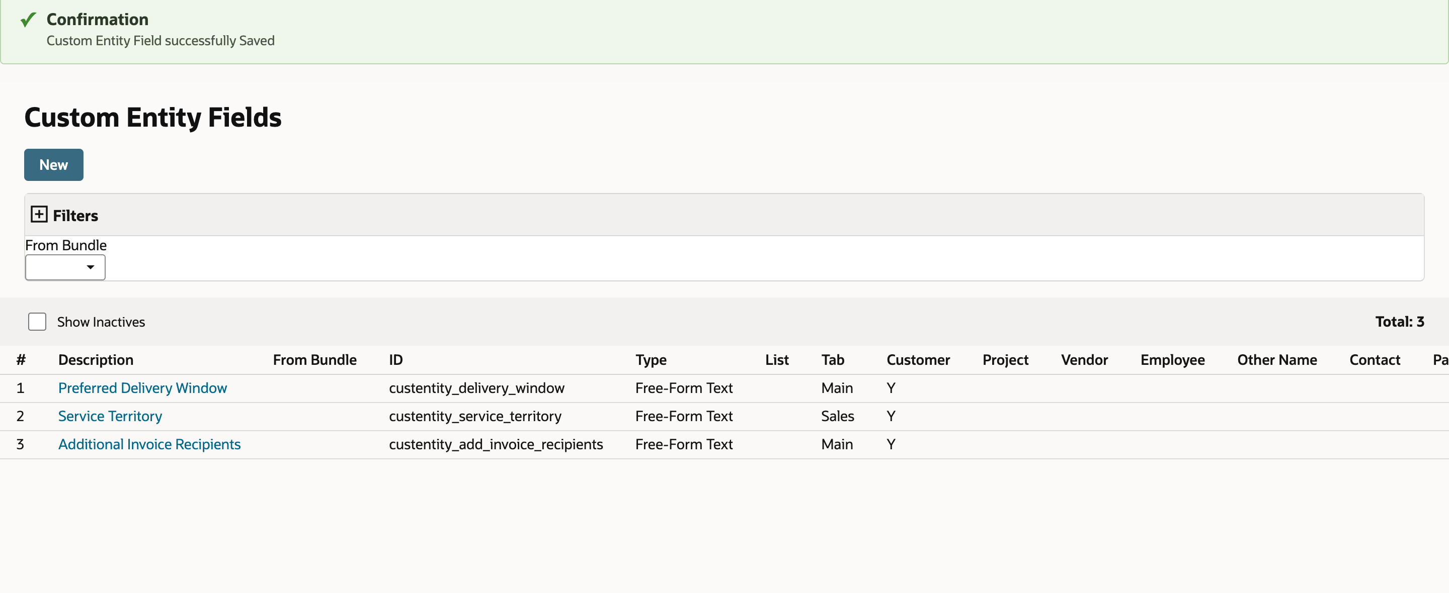 Custom Entity Fields list after saving, with Additional Invoice Recipients, ID custentity_add_invoice_recipients, Free-Form Text, Tab Main, Customer Y.