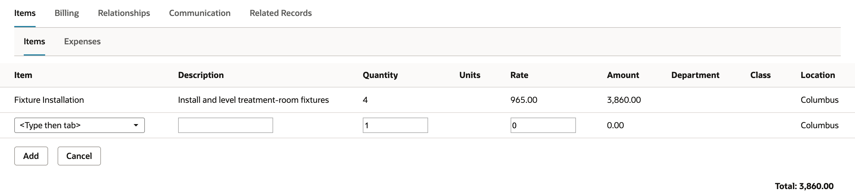 Invoice Items subtab with Fixture Installation, Install and level treatment-room fixtures, Quantity 4, Rate 965.00, Amount 3,860.00, and Total 3,860.00.