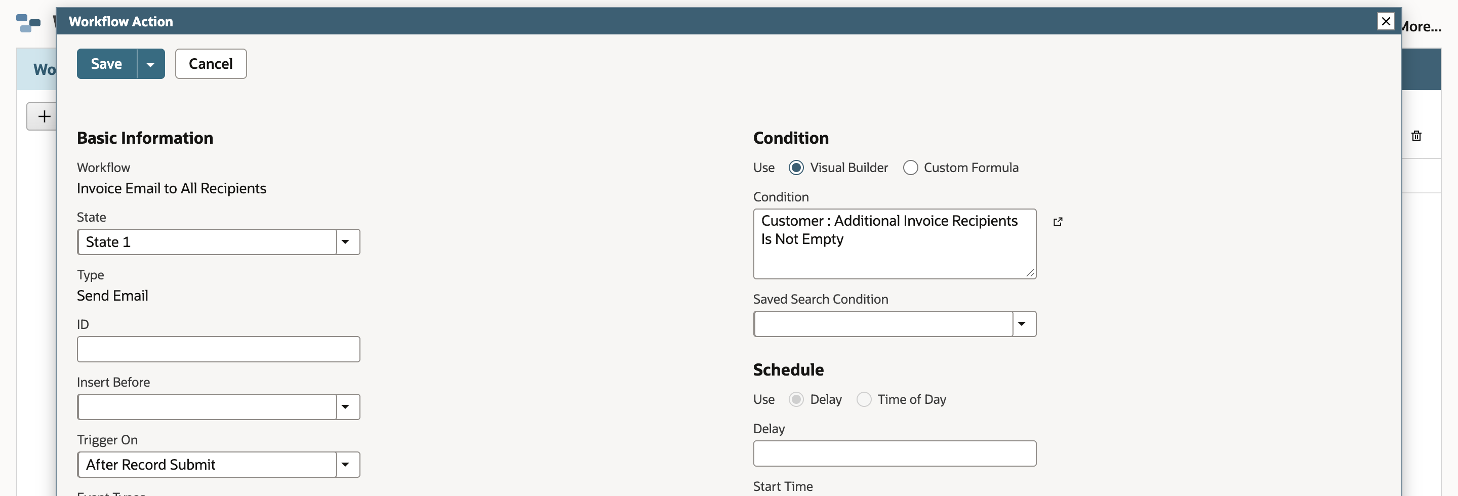 Workflow Action for Send Email with Trigger On After Record Submit and Condition Customer : Additional Invoice Recipients Is Not Empty.