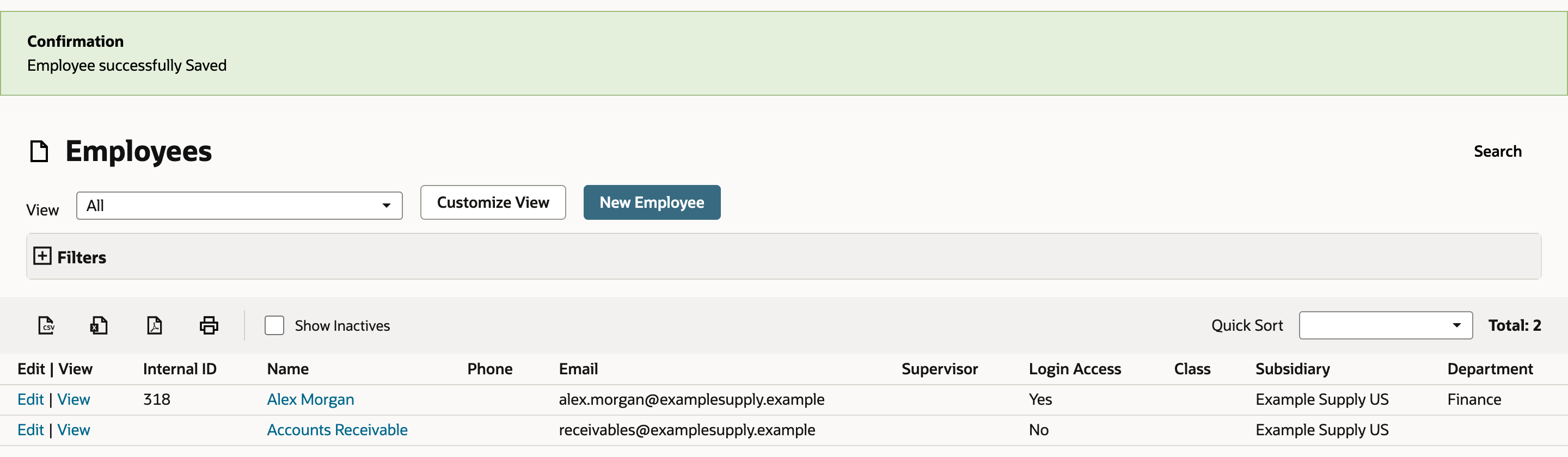 Employees list with a Confirmation that the employee was saved. Accounts Receivable has Email receivables@examplesupply.example and Login Access No.