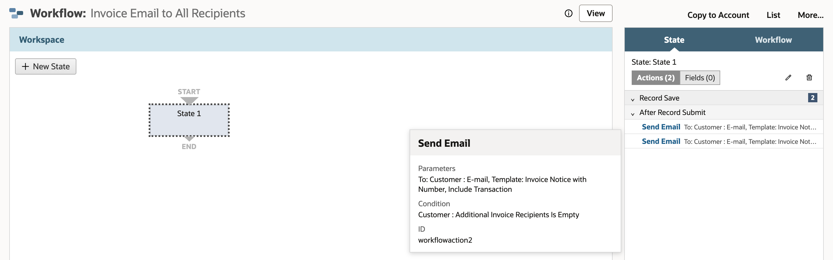 State 1 with Actions (2): two Send Email rows under After Record Submit. The card for the second shows Condition Customer : Additional Invoice Recipients Is Empty.