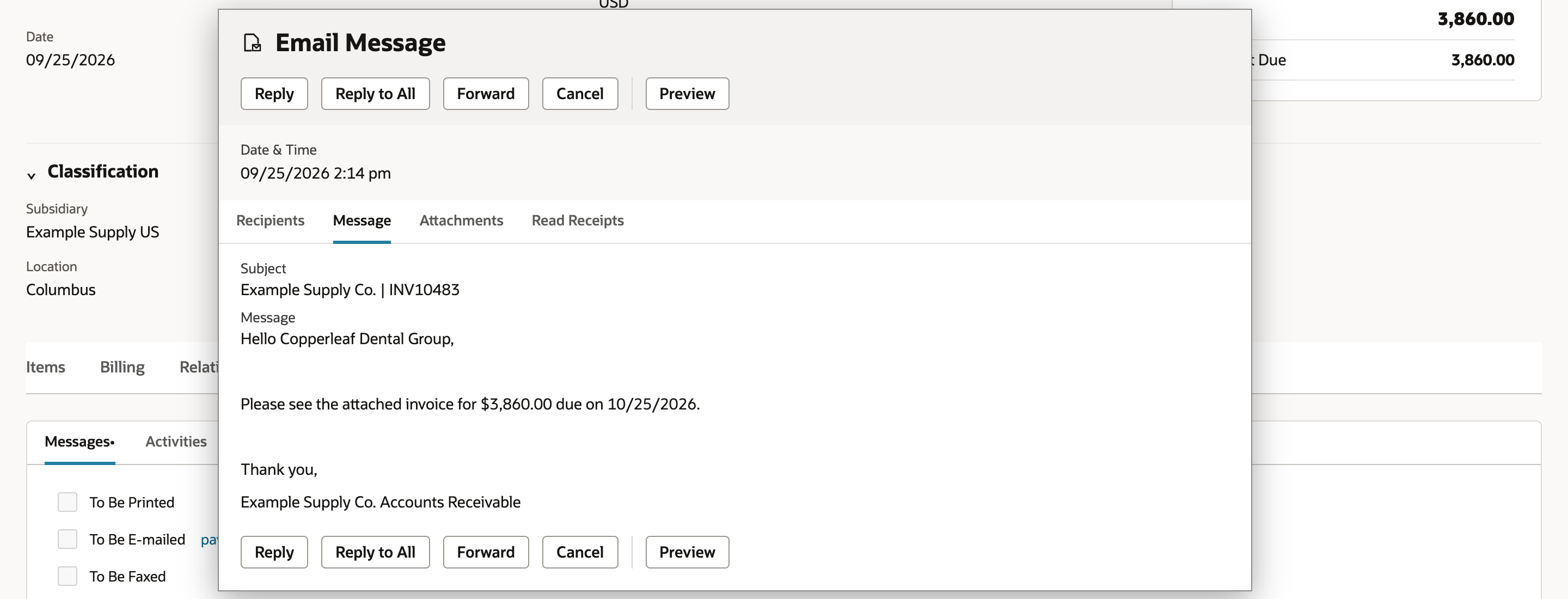 Email Message, Message tab: Subject Example Supply Co. | INV10483 and the text Hello Copperleaf Dental Group, Please see the attached invoice for $3,860.00 due on 10/25/2026. Thank you, Example Supply Co. Accounts Receivable.