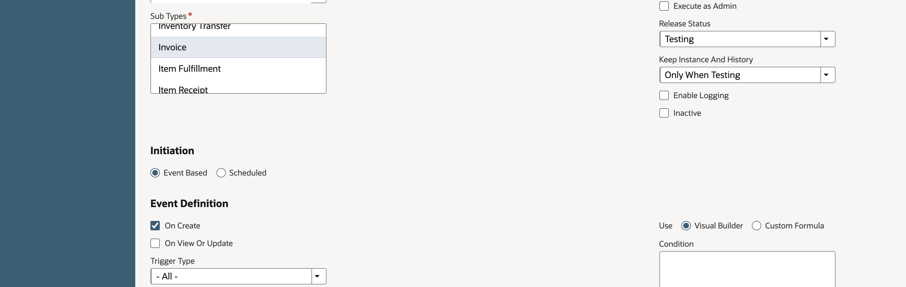 New workflow with Sub Types Invoice selected, Release Status Testing, Initiation Event Based and Event Definition On Create checked.