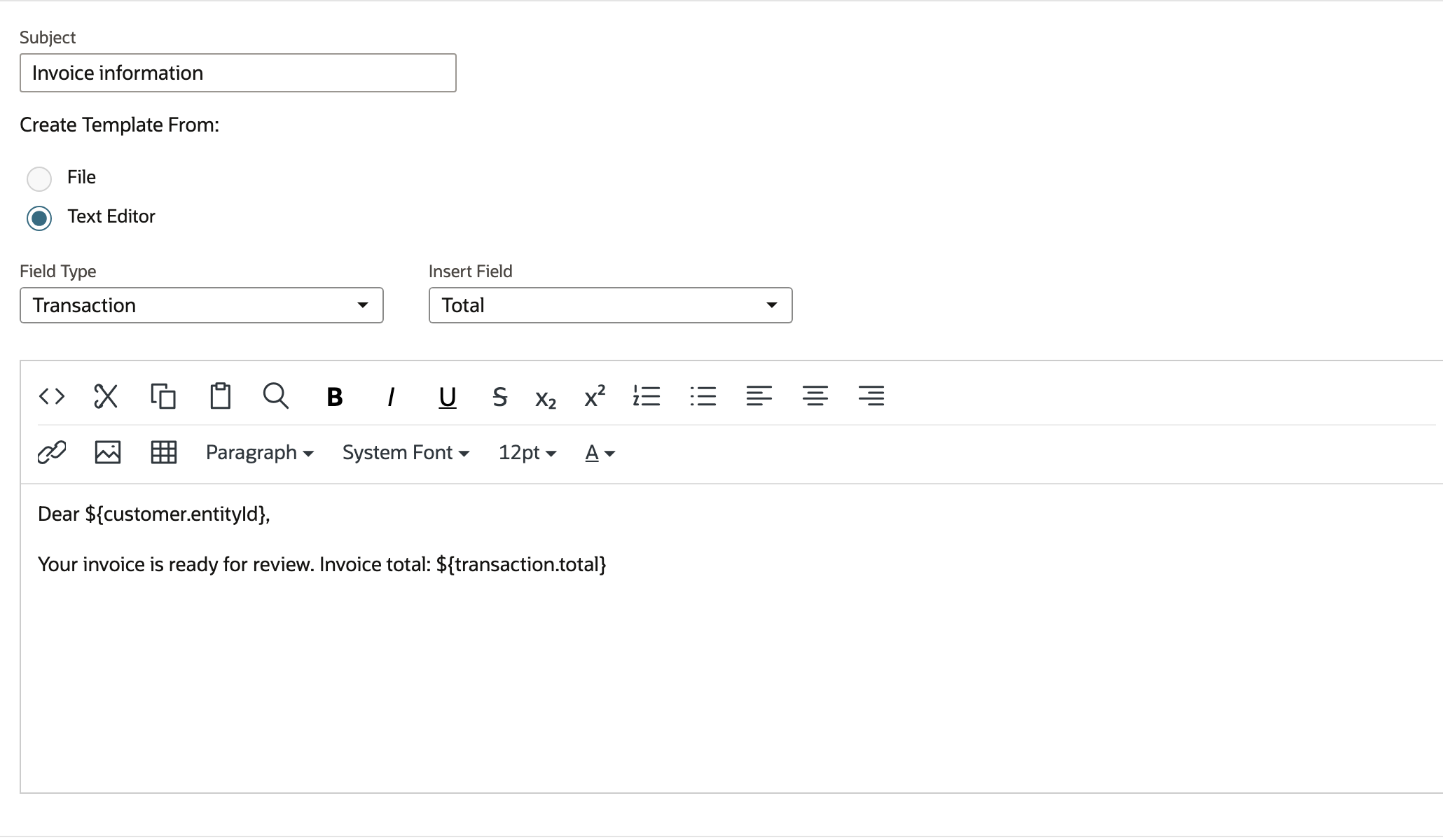 The body contains customer and transaction-total placeholders.