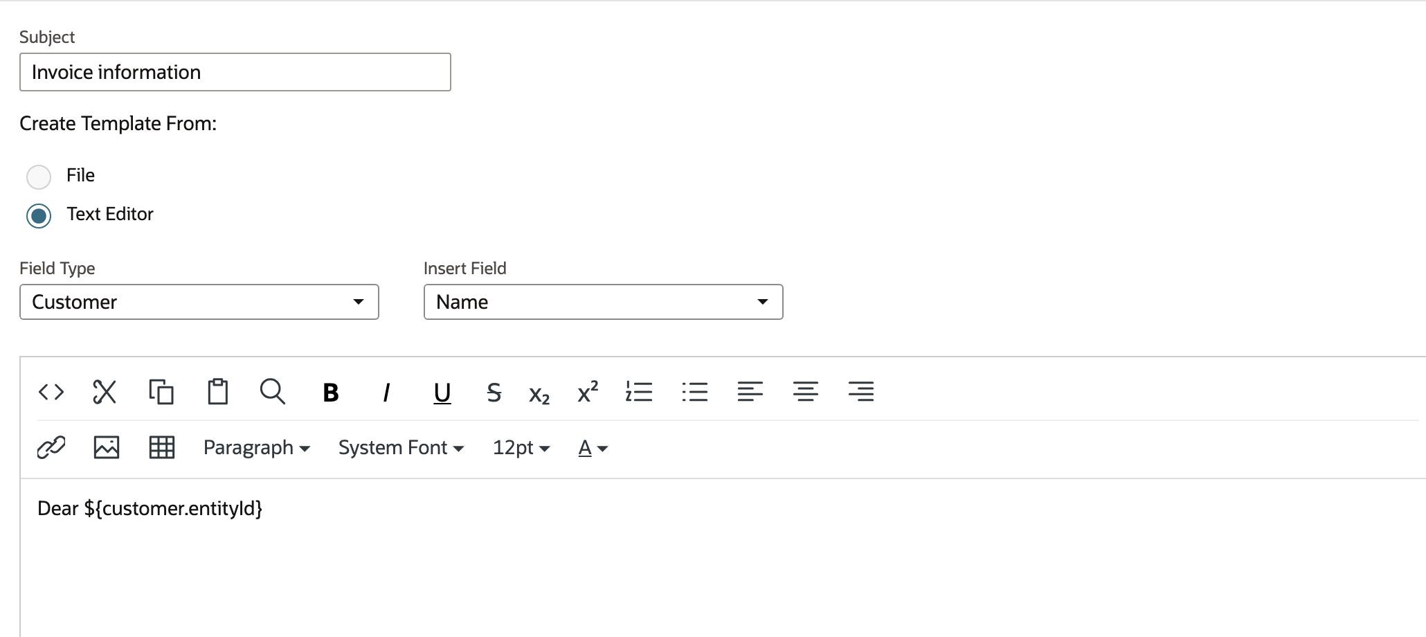 The greeting contains the customer-name merge token.