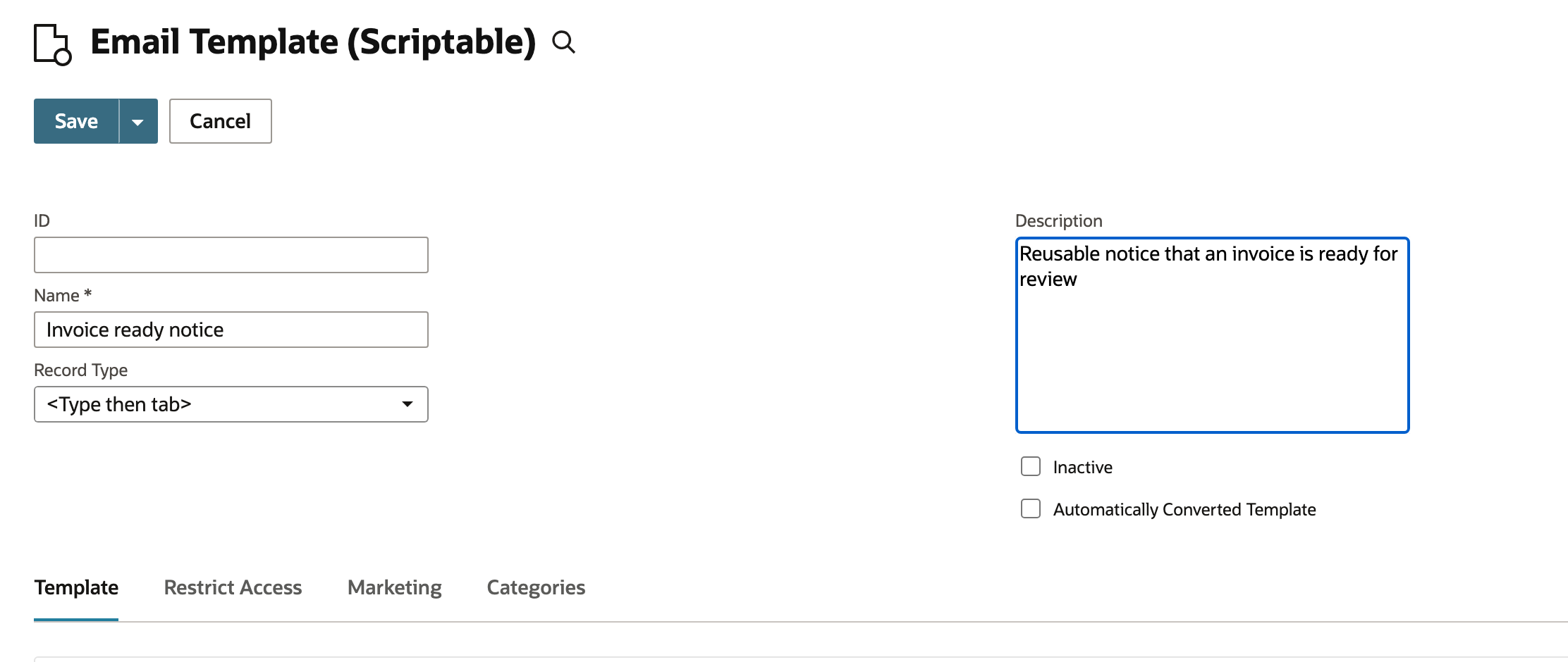 The template name identifies the reusable invoice notice.