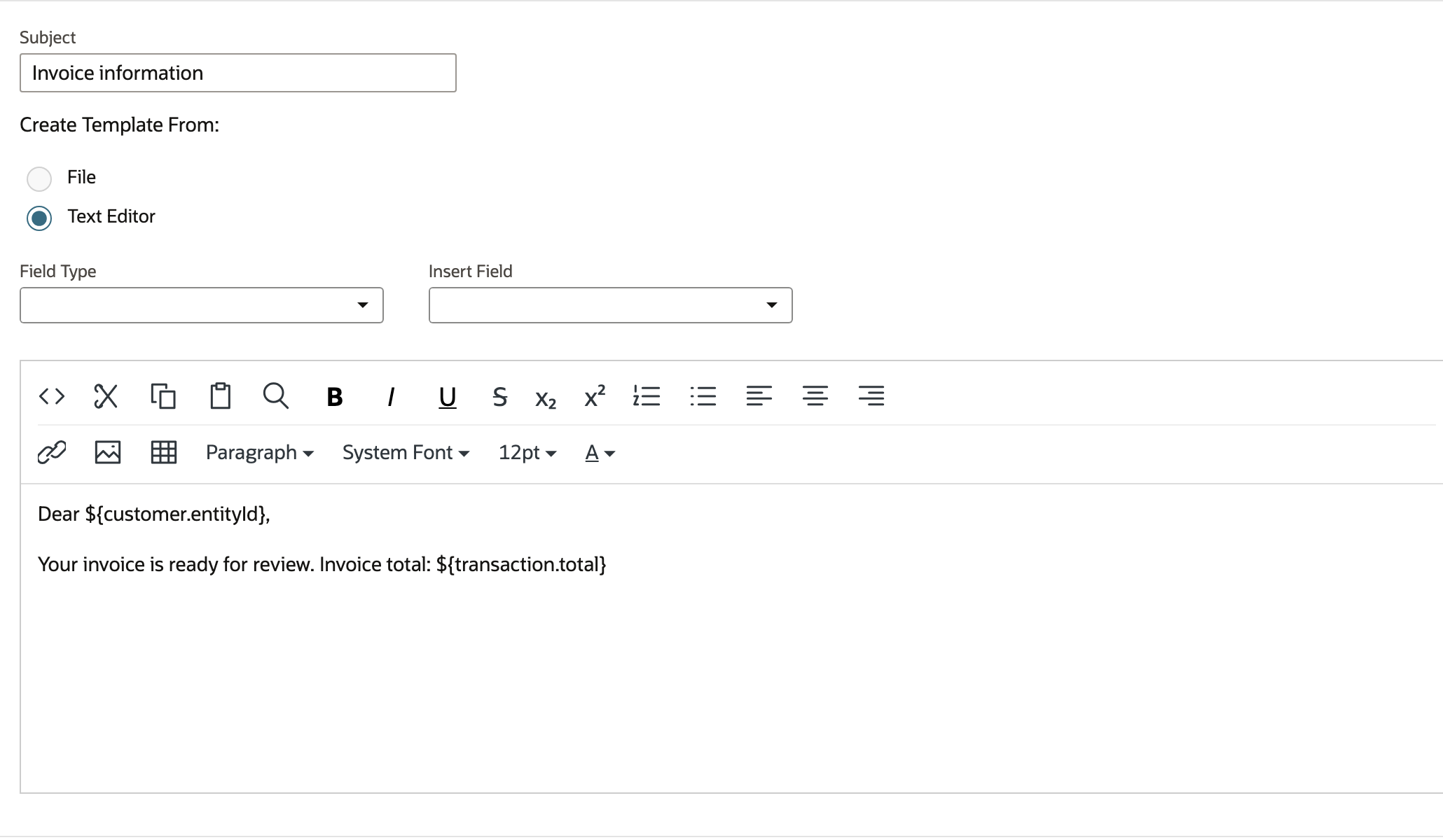 The reopened template retains its subject and both merge fields.