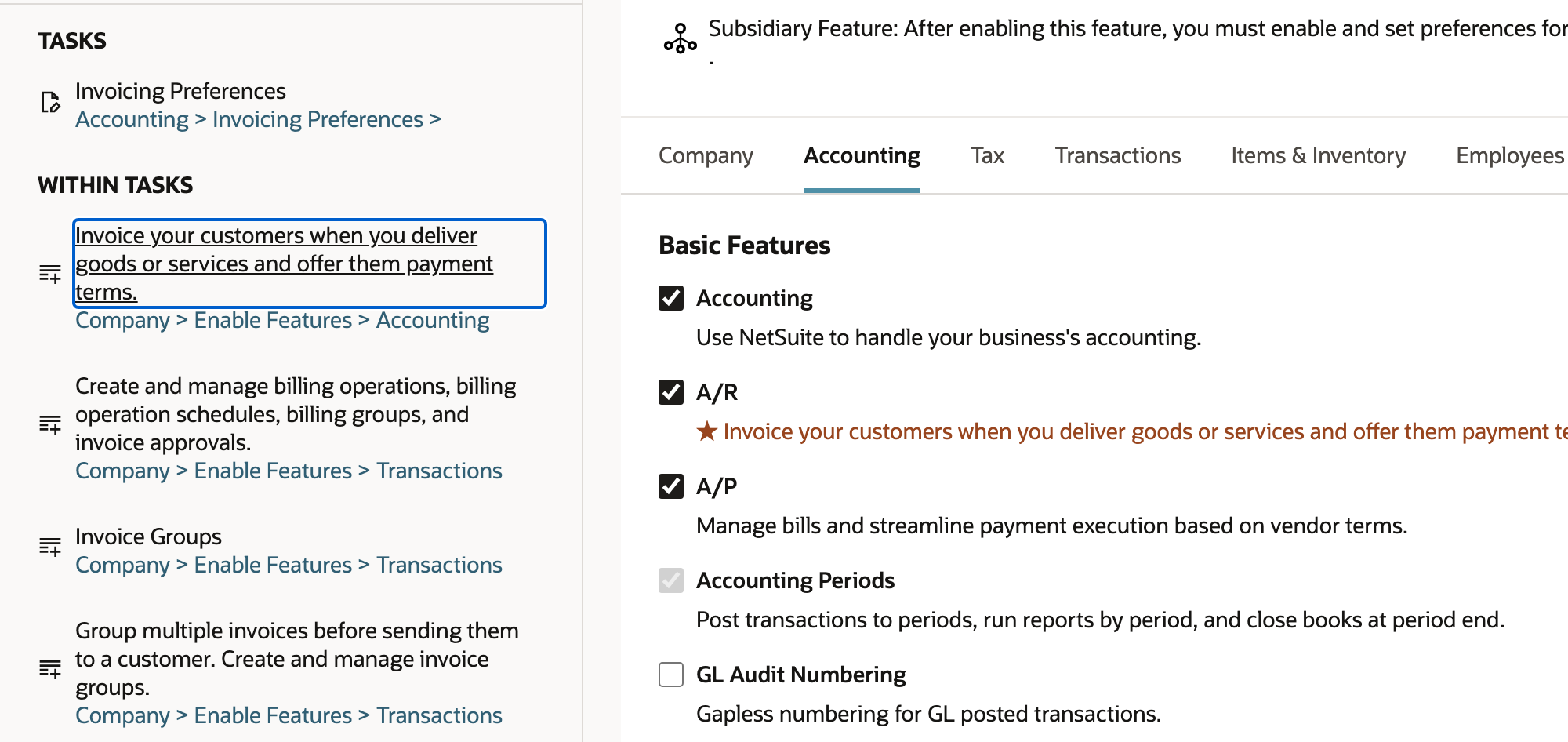 The Accounting feature list identifies A/R and its invoicing description.