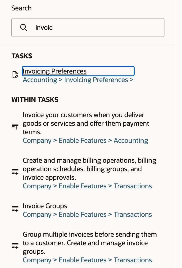 The search results show Invoicing Preferences as a separate task.