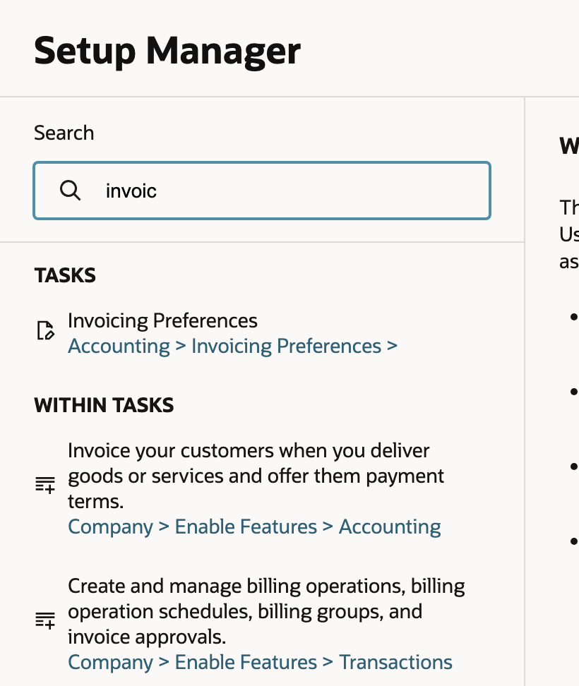 The Setup Manager search results are filtered with the value `invoic`.