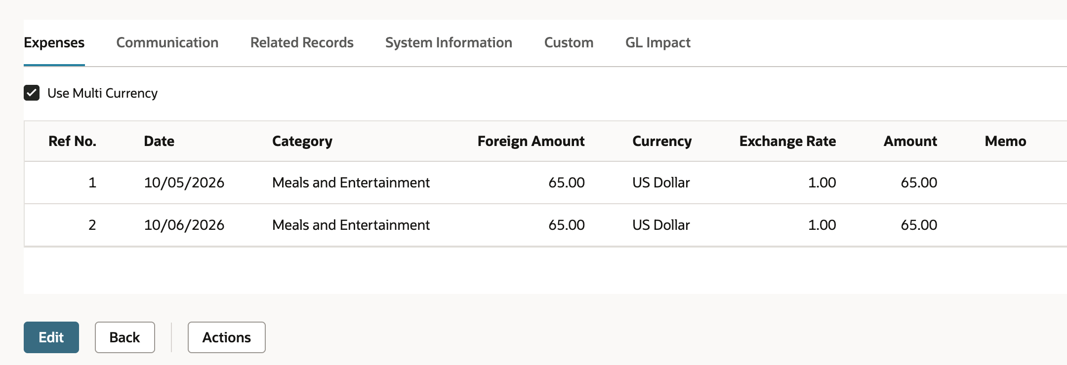 Saved EXP420 contains Meals and Entertainment lines for 65.00 on 10/05/2026 and 10/06/2026.