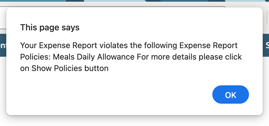 A blocking policy violation dialog identifies Meals Daily Allowance and directs the user to Show Policies.