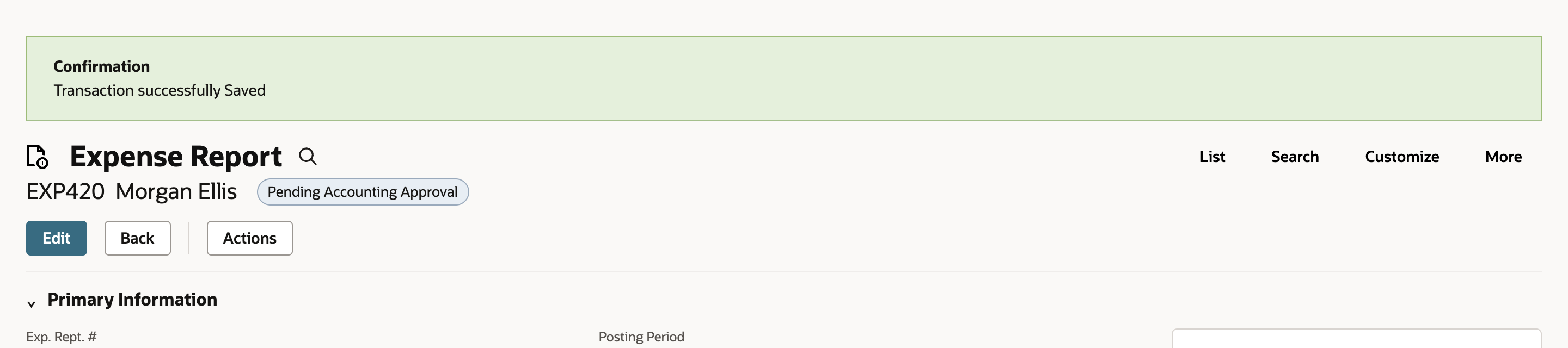 Saved EXP420 for Morgan Ellis shows the successful-save confirmation and Pending Accounting Approval.