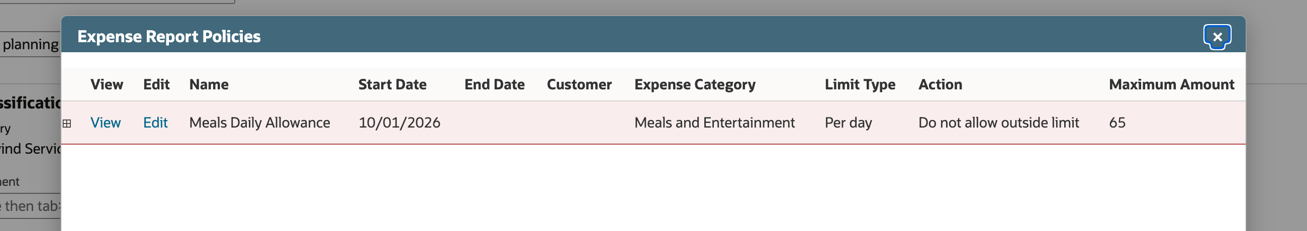 Expense Report Policies lists Meals Daily Allowance, Per day, Do not allow outside limit, and Maximum Amount 65.