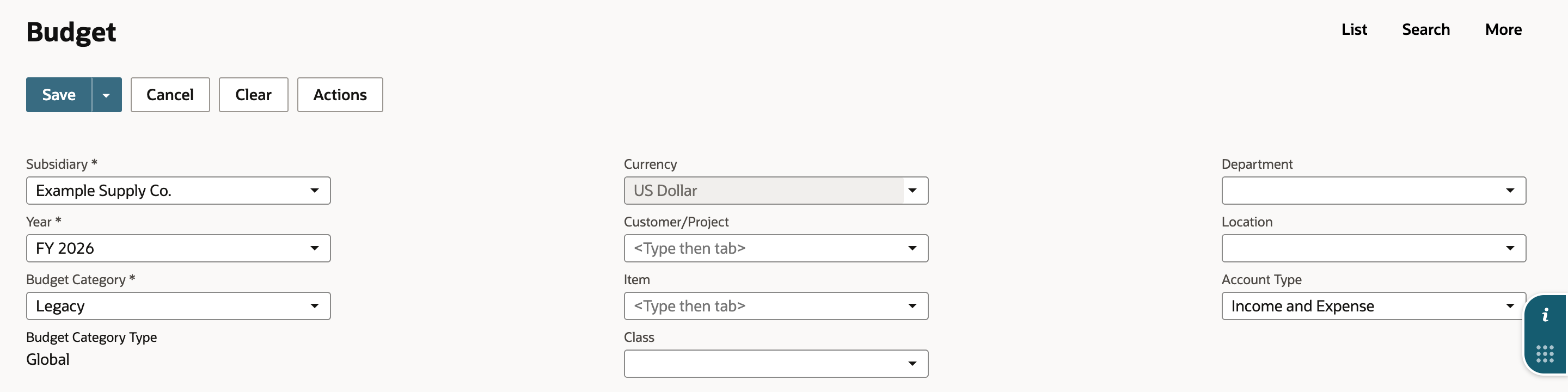 Budget form with Subsidiary Example Supply Co., Year FY 2026, Budget Category Legacy, blank dimensions and Account Type Income and Expense