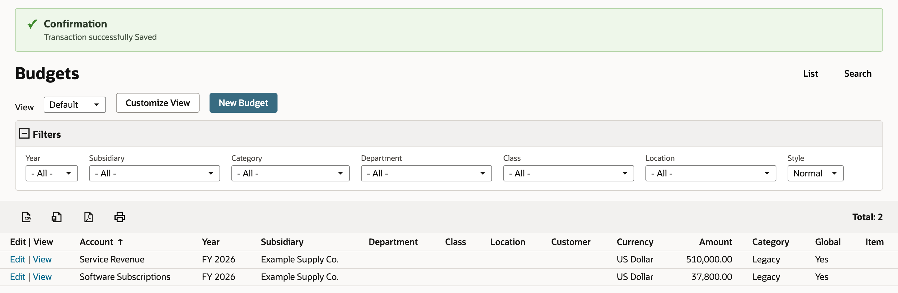 Budgets list after Save with the confirmation and rows for Service Revenue 510,000.00 and Software Subscriptions 37,800.00
