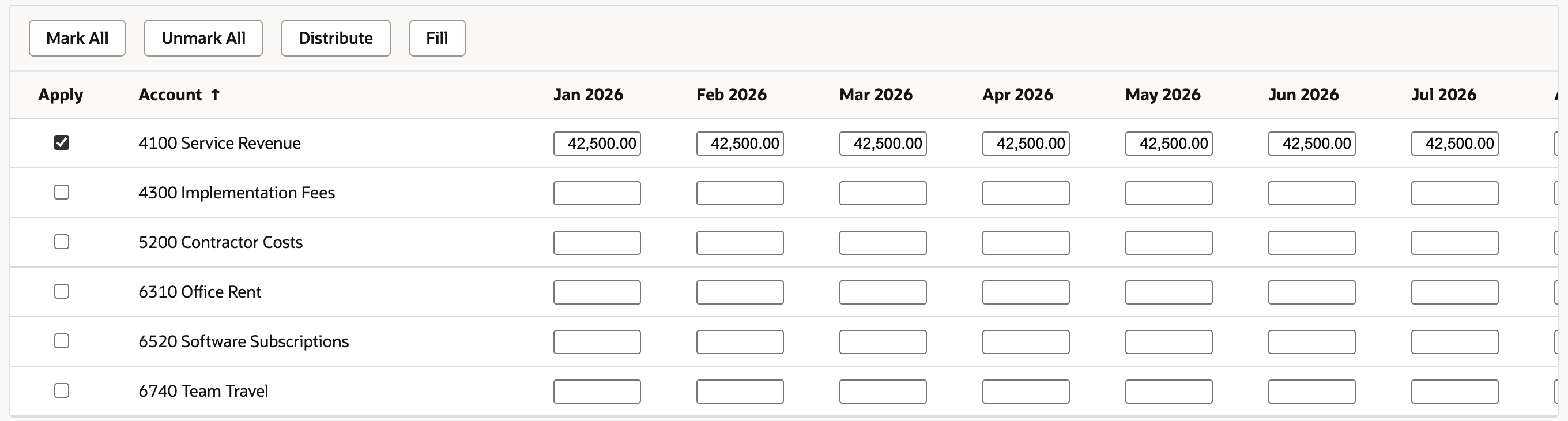 Service Revenue row with Apply checked and 42,500.00 in Jan through Jul 2026 after Fill