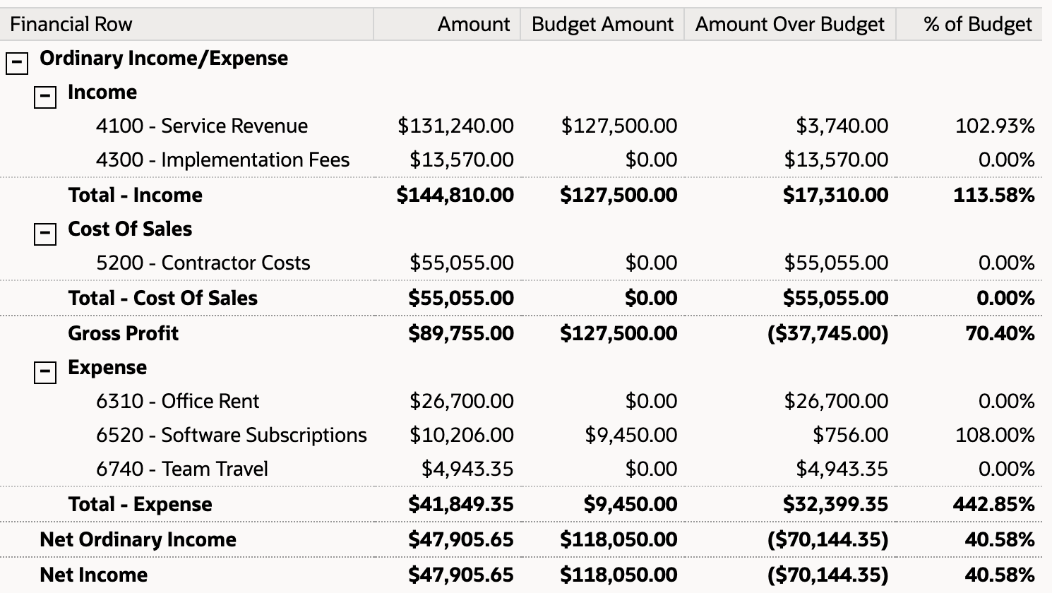 Budget vs. Actual after the budget, Service Revenue 3,740.00 over at 102.93% and Software Subscriptions 756.00 over at 108.00%