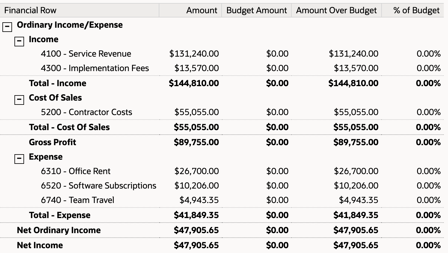 Budget vs. Actual before any budget, Service Revenue 131,240.00 and Software Subscriptions 10,206.00 with Budget Amount 0.00
