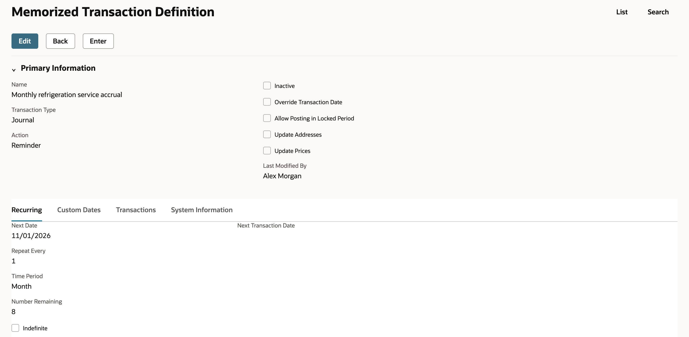 Memorized Transaction Definition for Monthly refrigeration service accrual, Transaction Type Journal, Action Reminder. The Recurring subtab shows Next Date 11/01/2026, Repeat Every 1, Time Period Month and Number Remaining 8, with Indefinite unchecked.