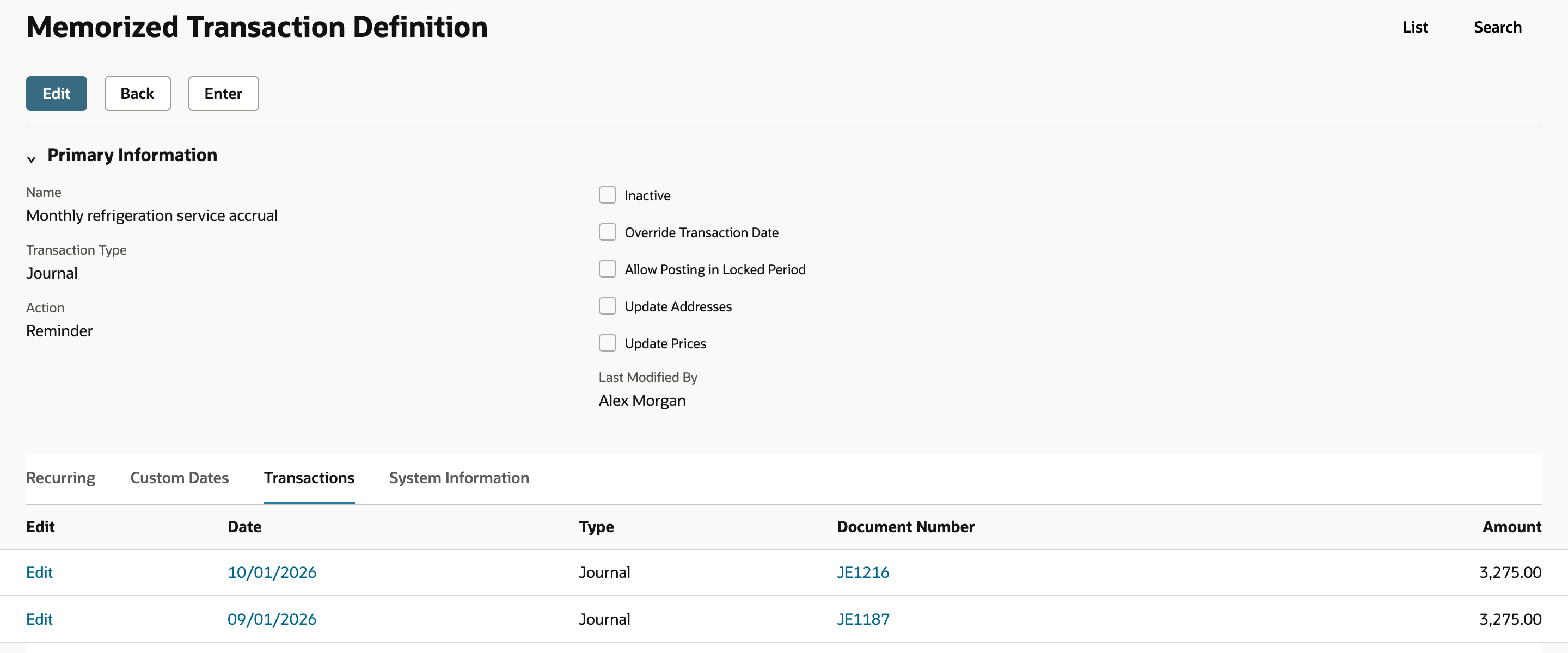 The Transactions subtab of the Monthly refrigeration service accrual definition. JE1216 dated 10/01/2026 for 3,275.00 is listed above JE1187 dated 09/01/2026 for 3,275.00.