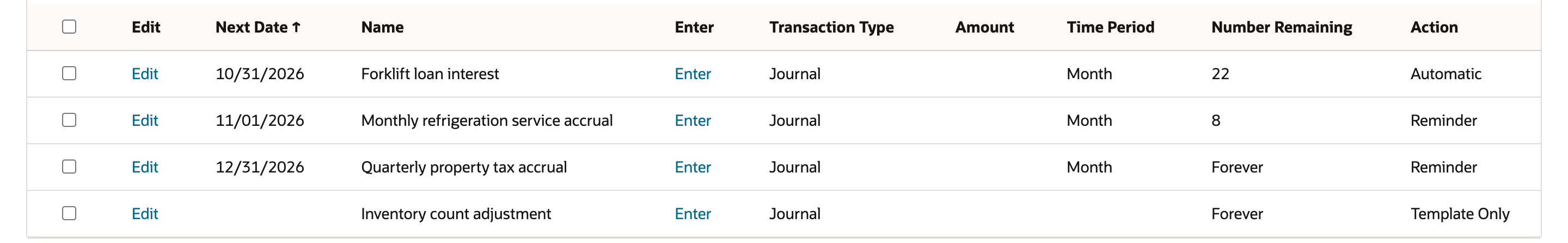 Enter Memorized Transactions after the save. Forklift loan interest is first with Next Date 10/31/2026. Monthly refrigeration service accrual is second with Next Date 11/01/2026 and Number Remaining 8, and an arrow points to 11/01/2026.