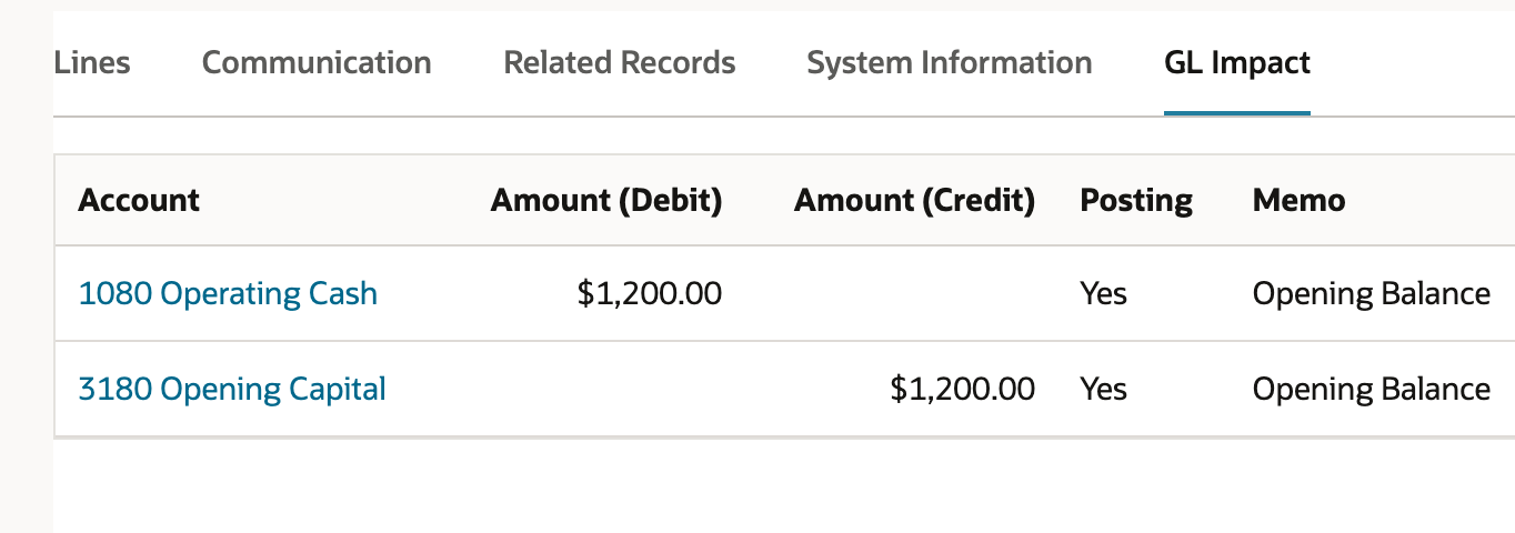 GL Impact shows the 1,200.00 debit and credit with Posting Yes.