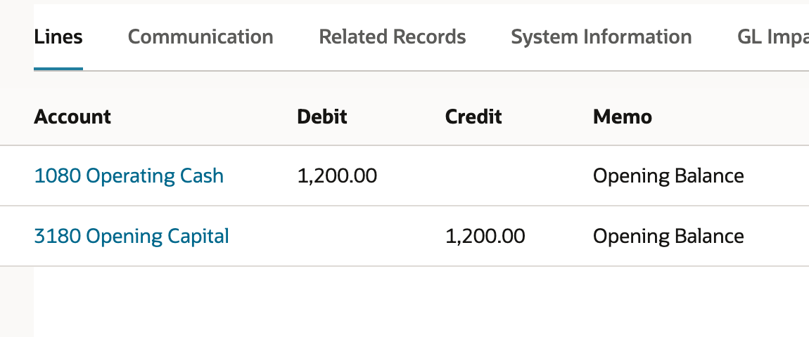 JE412 contains the bank debit and equity credit on its Lines subtab.