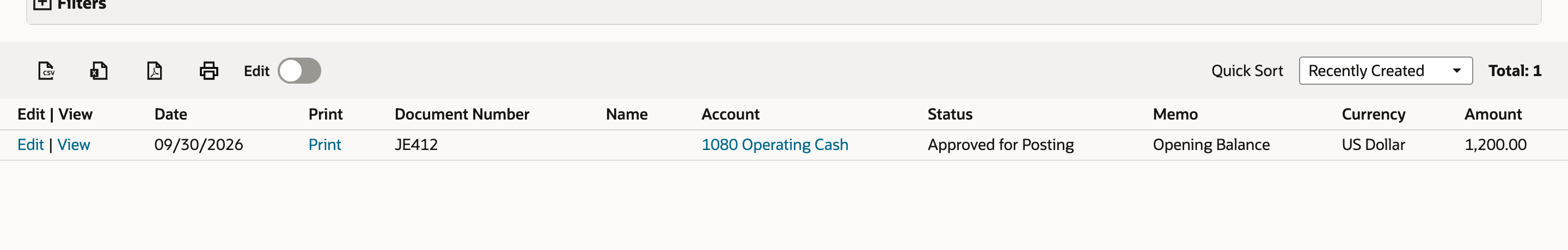 The Journals list shows the generated example journal JE412 with the Opening Balance memo.