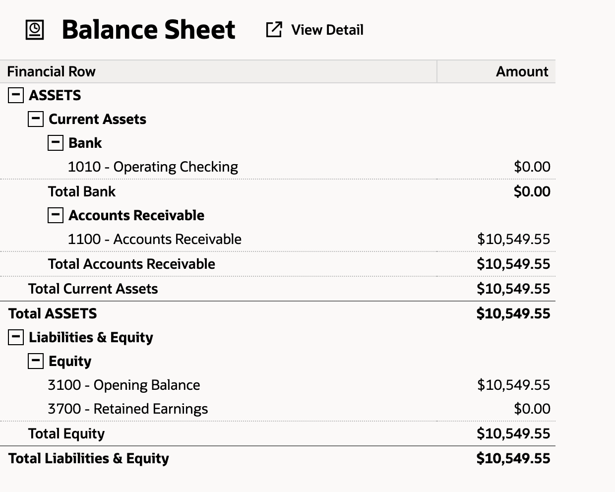 Balance Sheet for Sep 2026 showing 1100 - Accounts Receivable $10,549.55 and 3100 - Opening Balance $10,549.55.