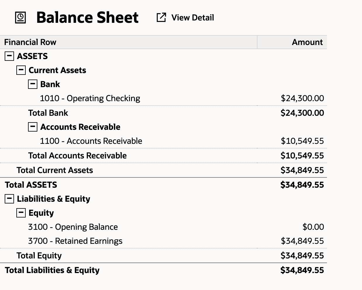 Balance Sheet for Sep 2026: 1010 - Operating Checking $24,300.00, 1100 - Accounts Receivable $10,549.55, 3100 - Opening Balance $0.00, 3700 - Retained Earnings $34,849.55.