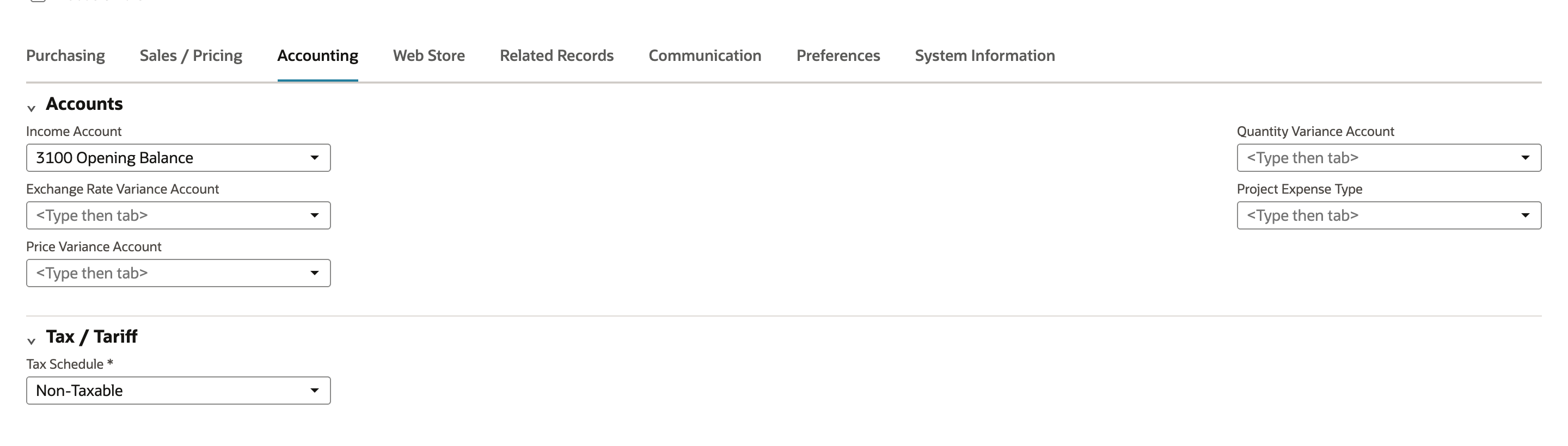 Accounting subtab of the Non-inventory Item for Sale, with Income Account 3100 Opening Balance and Tax Schedule Non-Taxable.