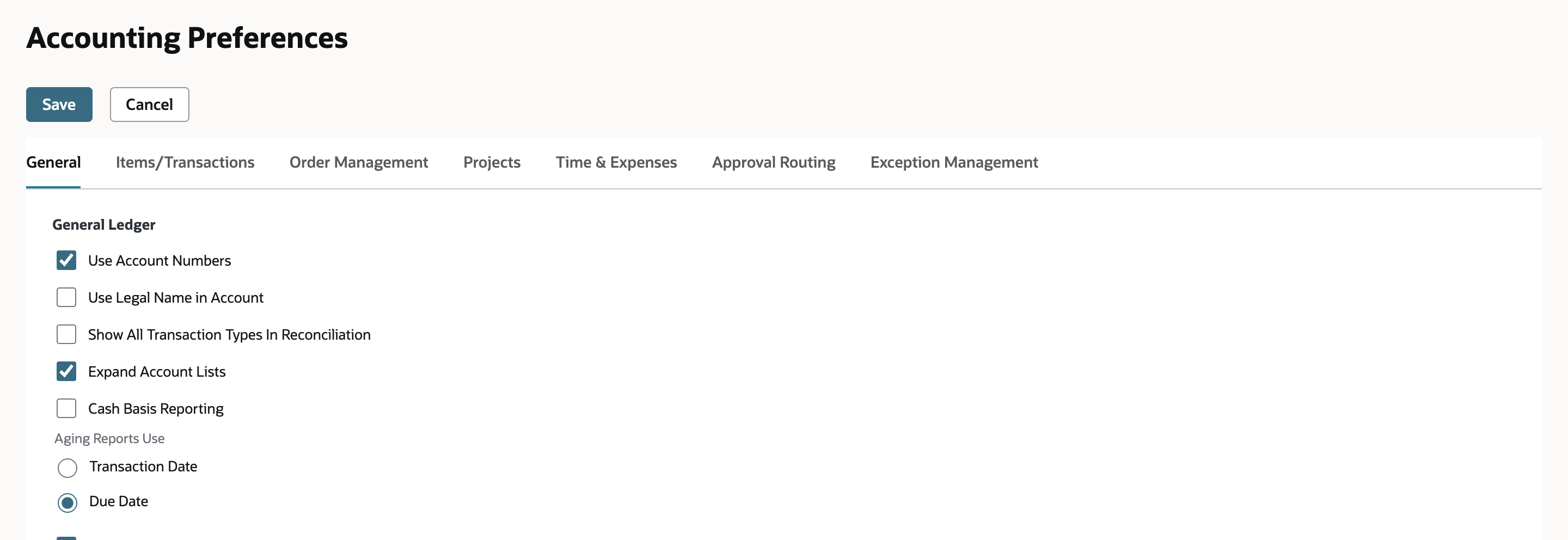 Accounting Preferences, General subtab, with Expand Account Lists checked under General Ledger.