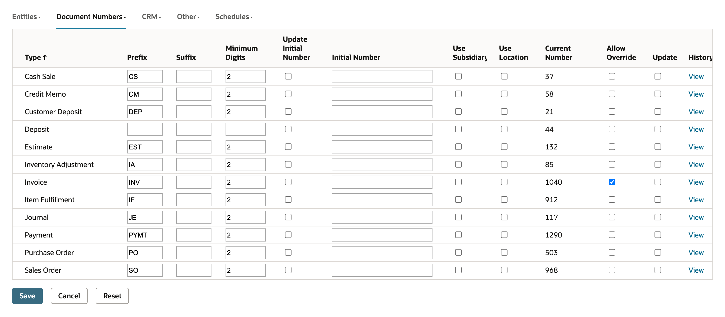 Set Up Auto-Generated Numbers, Document Numbers subtab, with Allow Override checked on the Invoice row.