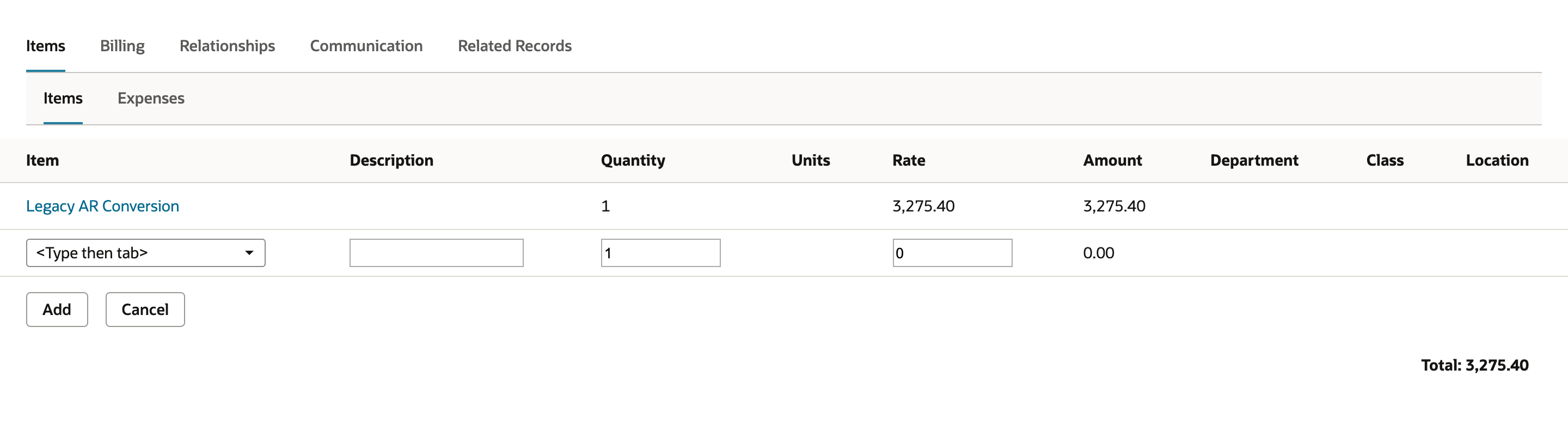 Items subtab with one Legacy AR Conversion line, quantity 1, rate and amount 3,275.40, and Total 3,275.40.