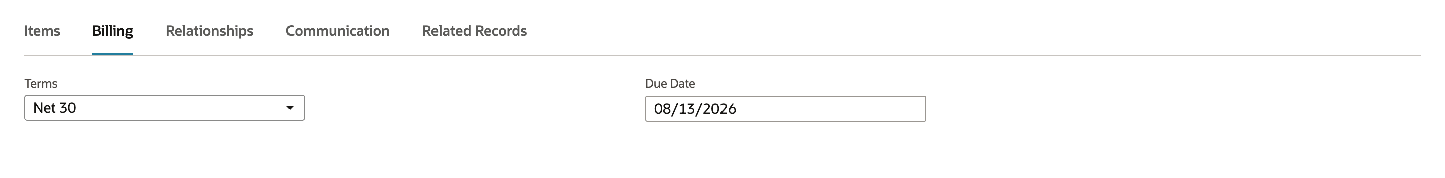 Billing subtab of the invoice with Terms Net 30 and Due Date 08/13/2026.