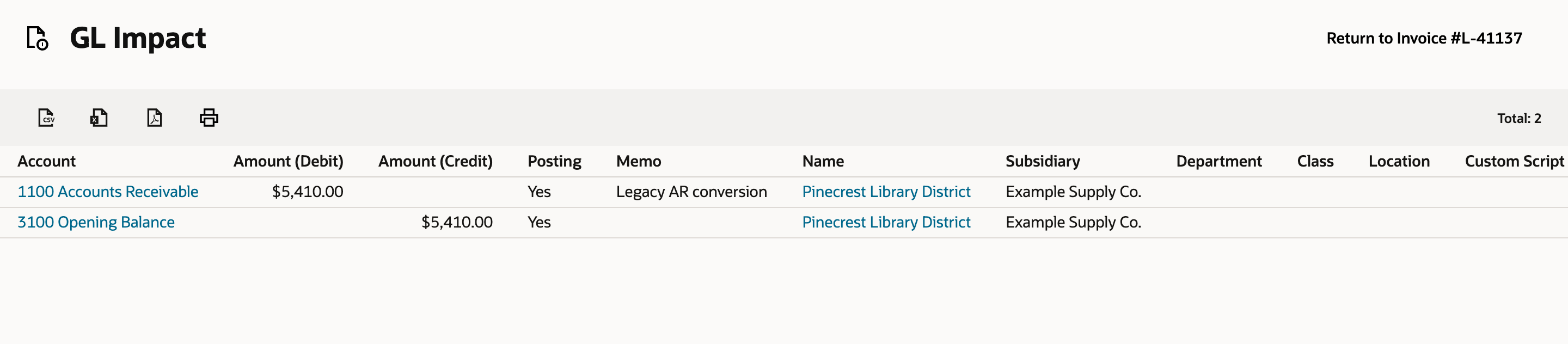 GL Impact of invoice L-41137: 1100 Accounts Receivable debit $5,410.00 and 3100 Opening Balance credit $5,410.00, both with Name Pinecrest Library District.