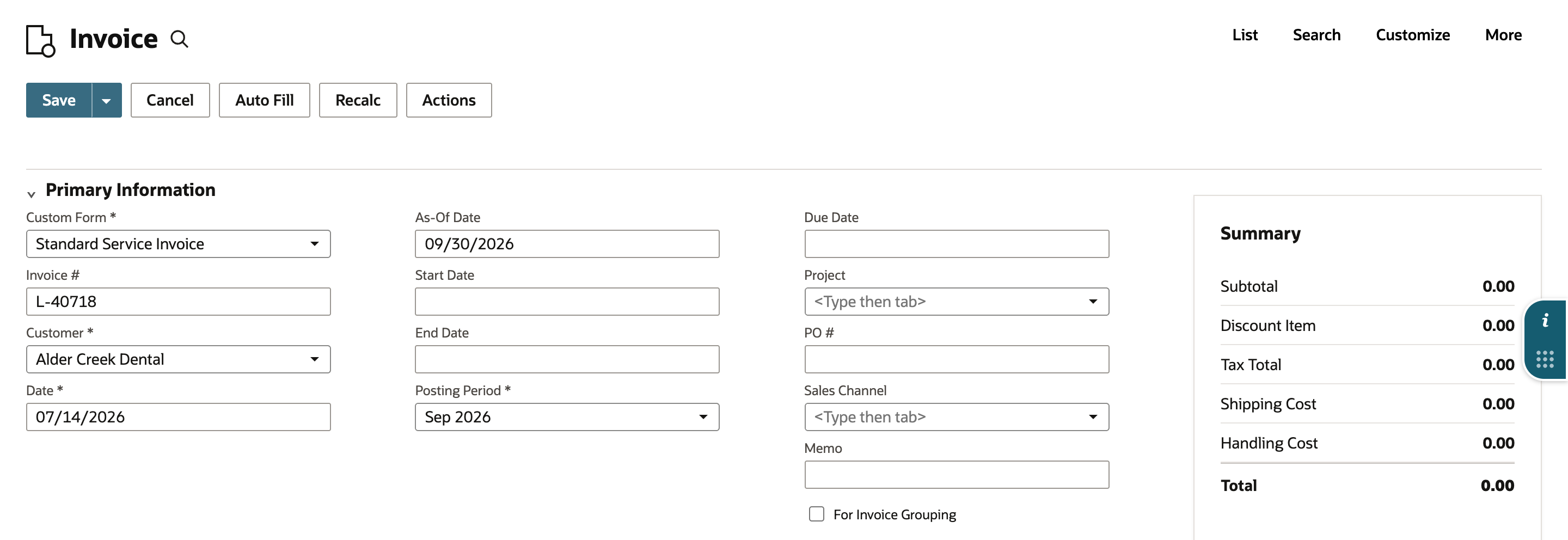 New invoice with Invoice # L-40718, Customer Alder Creek Dental, Date 07/14/2026 and Posting Period Sep 2026.