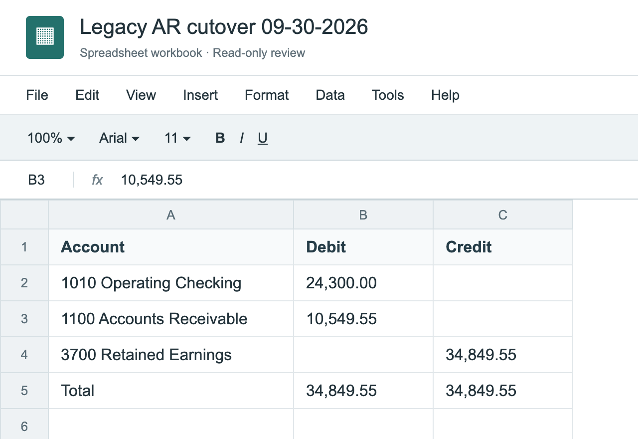 Legacy trial balance sheet: 1010 Operating Checking debit 24,300.00, 1100 Accounts Receivable debit 10,549.55, 3700 Retained Earnings credit 34,849.55.