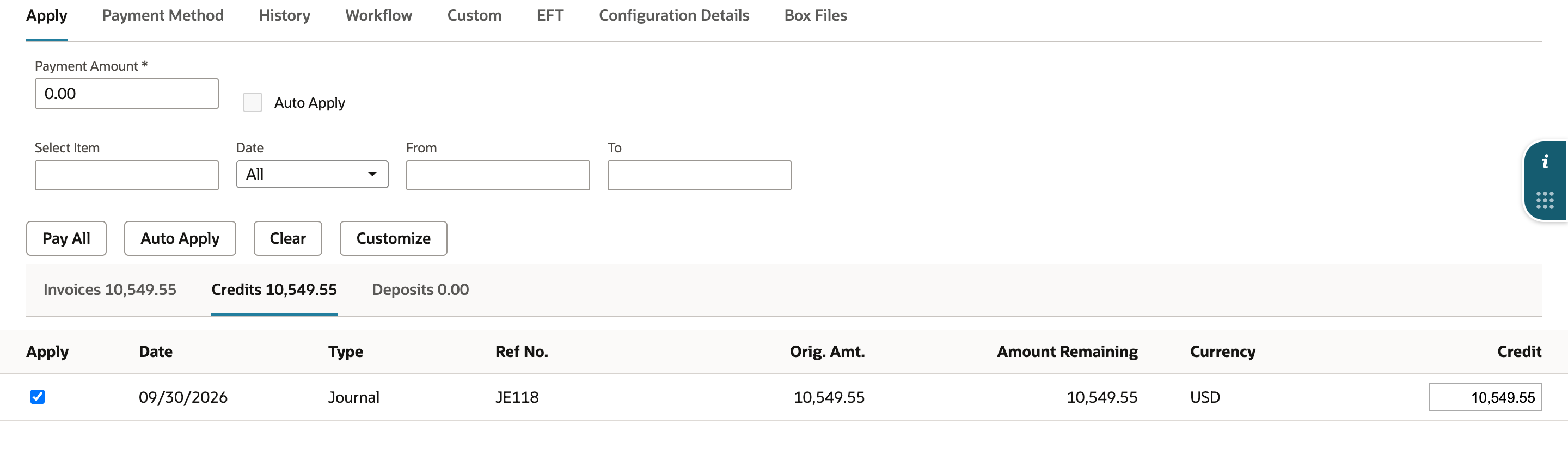 Credits list with journal JE118 checked for 10,549.55 and Payment Amount back at 0.00.