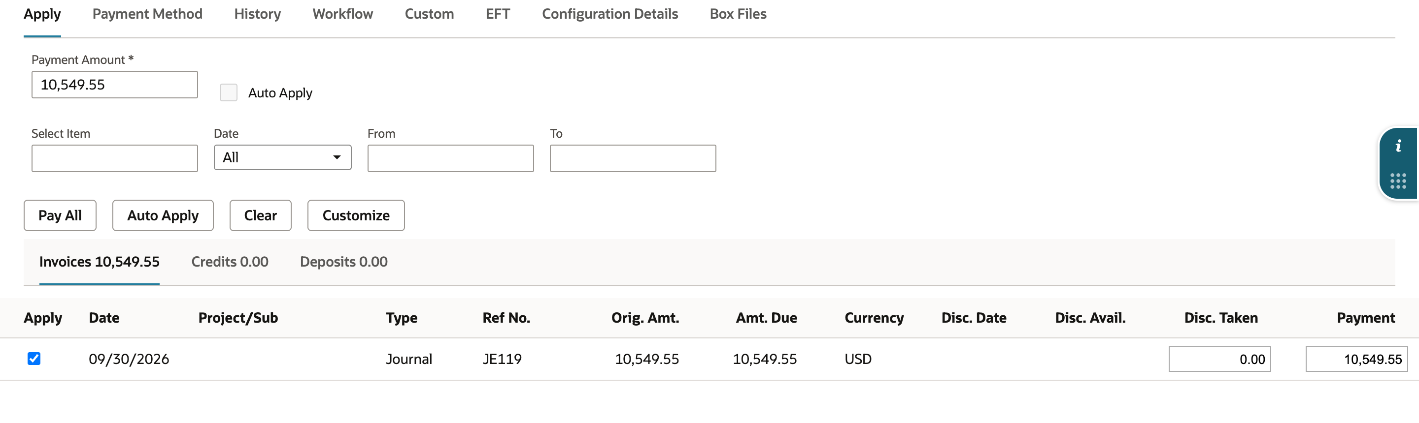 Customer payment for AR Conversion Offset with the trial balance journal JE119 checked on the Invoices list for 10,549.55 and Payment Amount 10,549.55.