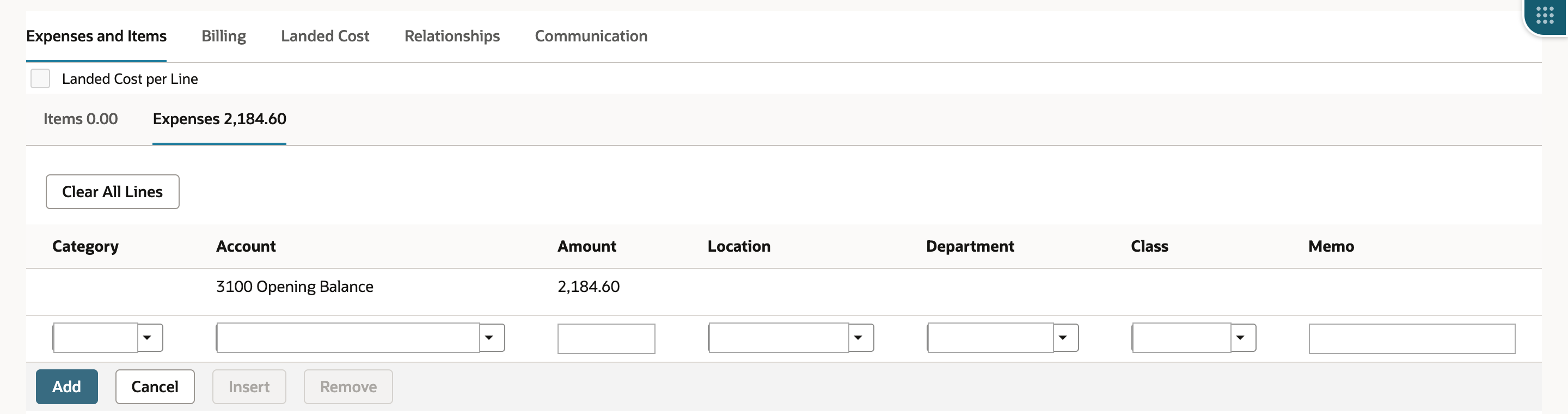 Expenses subtab, labeled Expenses 2,184.60, with one line: Account 3100 Opening Balance, Amount 2,184.60.