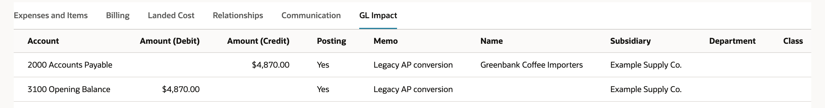 GL Impact subtab on bill GB-11862: 2000 Accounts Payable credit $4,870.00, Name Greenbank Coffee Importers; 3100 Opening Balance debit $4,870.00; both with Memo Legacy AP conversion.