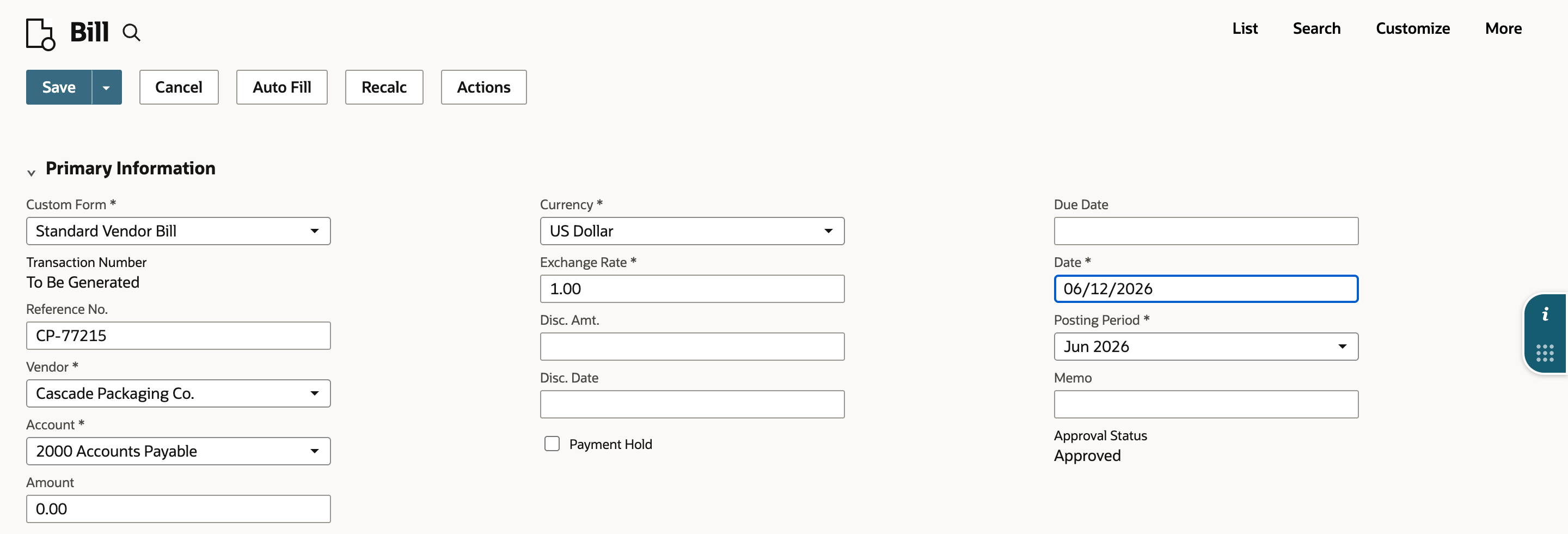 New bill with Reference No. CP-77215, Vendor Cascade Packaging Co., Account 2000 Accounts Payable, Date 06/12/2026 and Posting Period Jun 2026.